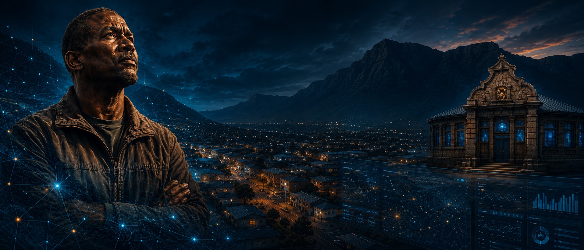 A municipal official overlooking a South African city at night, with the AIKIBO control centre